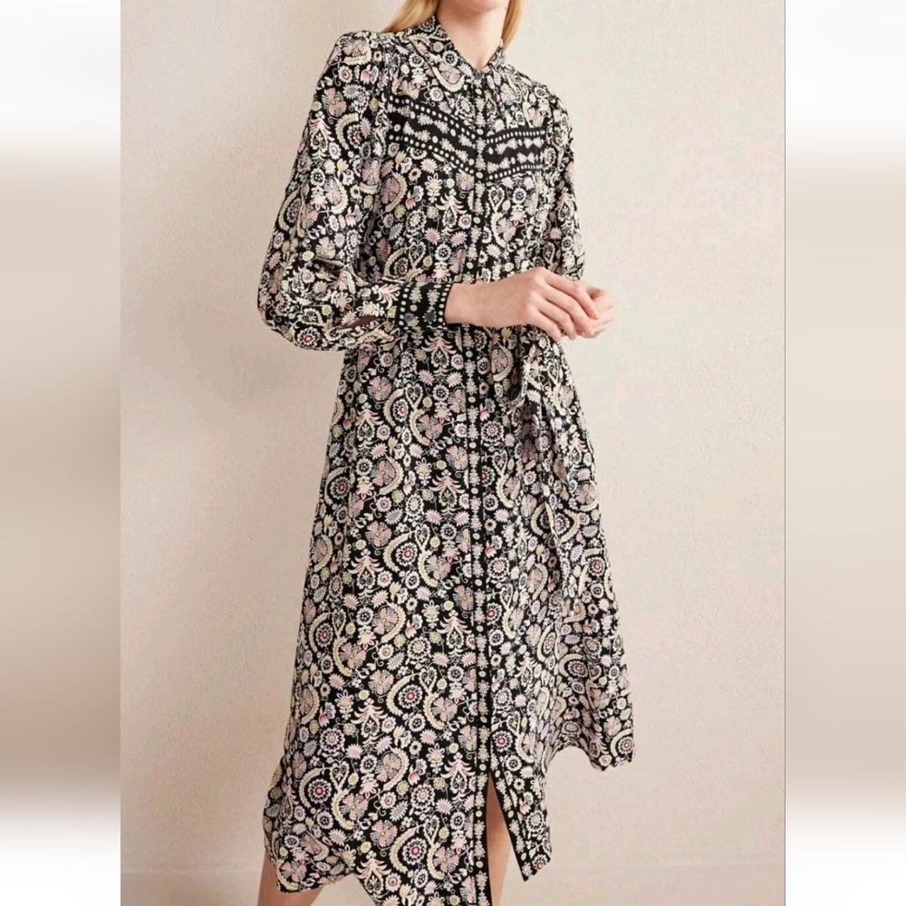 Boden Floral Western A Line Midi Shirt Dress Paisley Buttons Black White Red 4